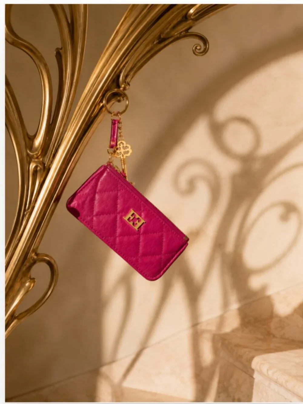 Escada Pink Quilted Leather Key Holder Coin Purse Card Case w/ Dust Bag Rare
